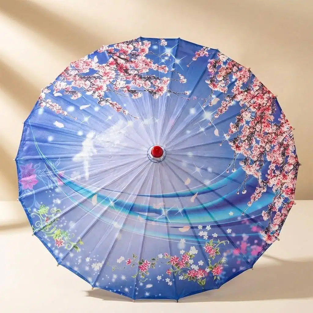 Parapluie japonais en soie bleu dégradé, pétales blanches et sakura – Image 2